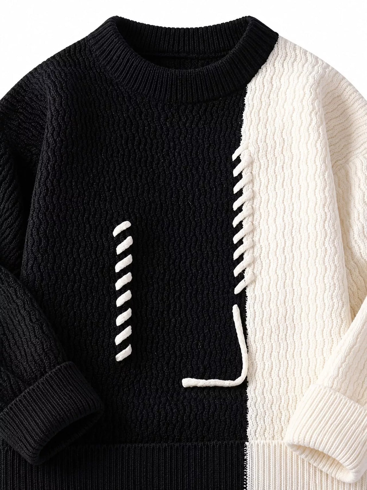 DrapeOra men's plus size color-block lace-up sweater – ribbed knit texture