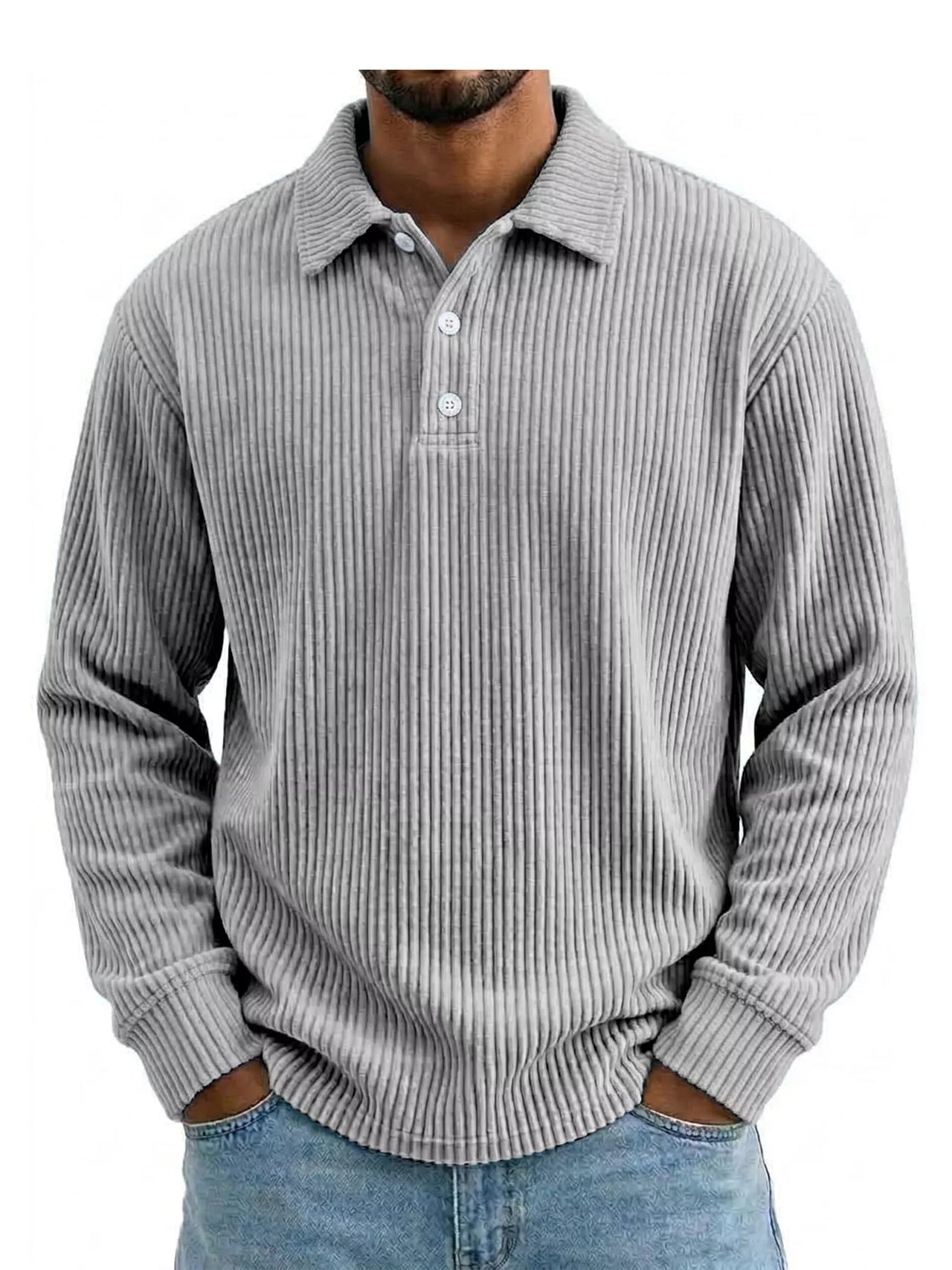 DrapeOra men's plus size long sleeve corduroy polo shirt – front view (3)
