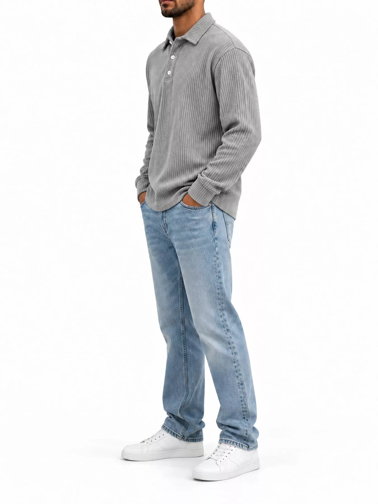 DrapeOra men's plus size long sleeve corduroy polo shirt – corduroy texture detail (3)