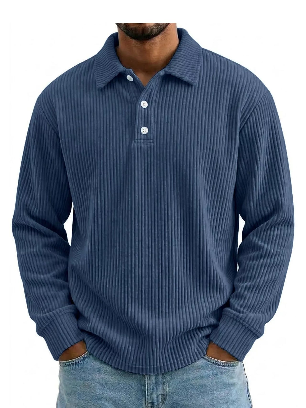 DrapeOra men's plus size long sleeve corduroy polo shirt – front view