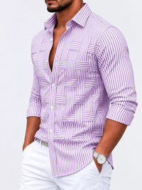 Thumbnail for DrapeOra men's plus size striped woven-effect casual shirt – button up front detail (2)
