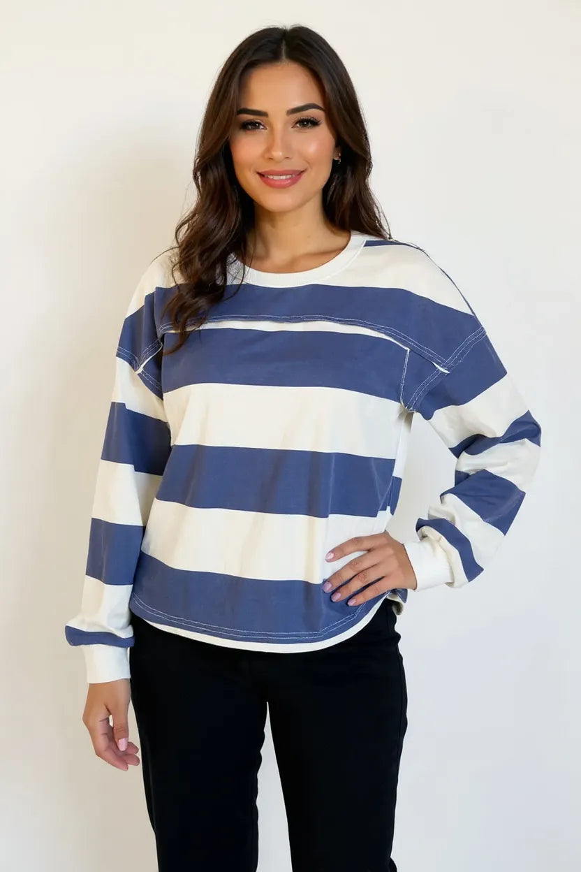 DrapeOra pima cotton striped long sleeve t-shirt in Dusty Blue – front view