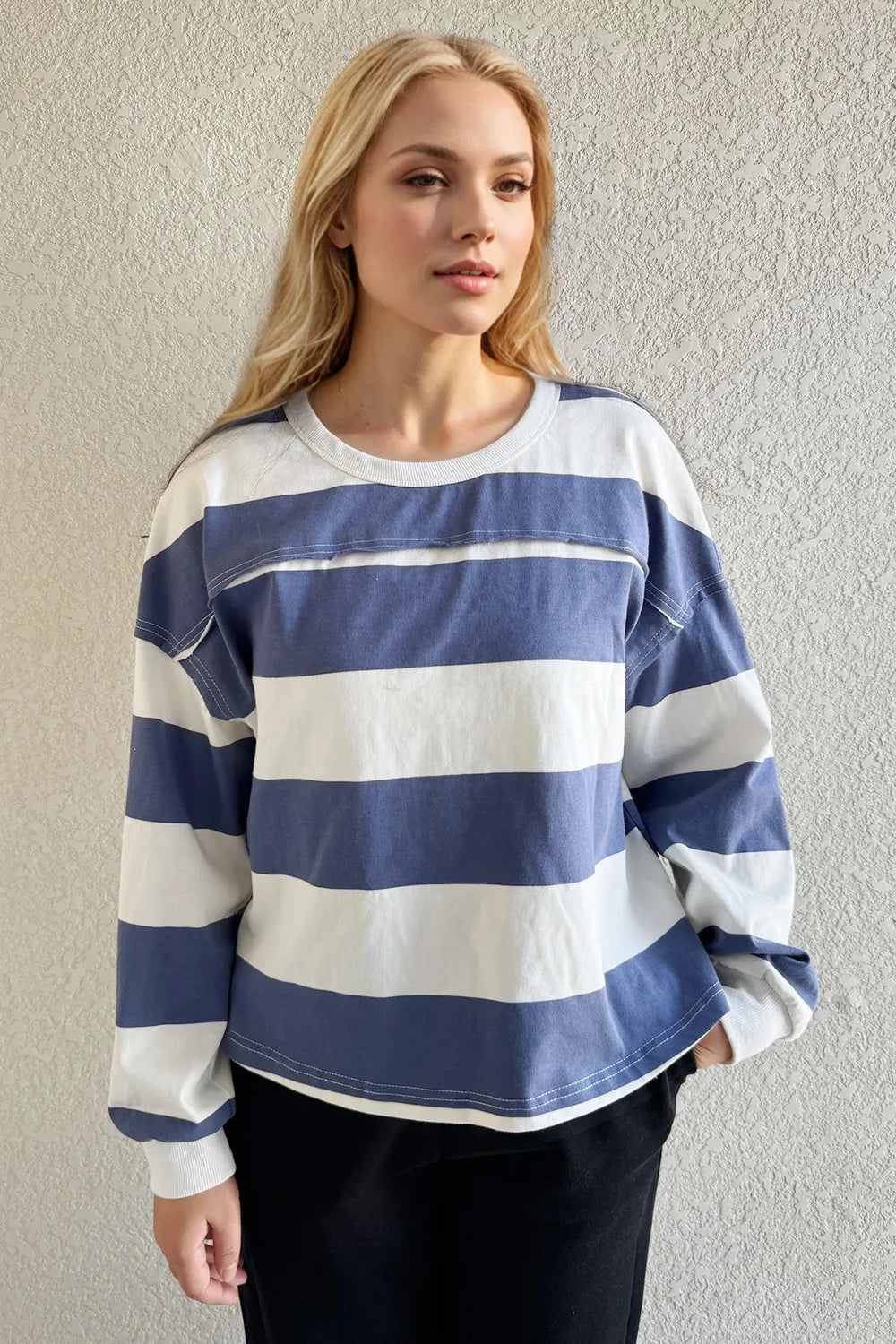 DrapeOra pima cotton striped long sleeve t-shirt in Dusty Blue – striped pima cotton fabric detail