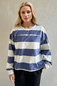 Thumbnail for DrapeOra pima cotton striped long sleeve t-shirt in Dusty Blue – exposed seam detail