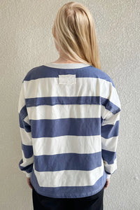 Thumbnail for DrapeOra pima cotton striped long sleeve t-shirt in Dusty Blue – relaxed long sleeve fit