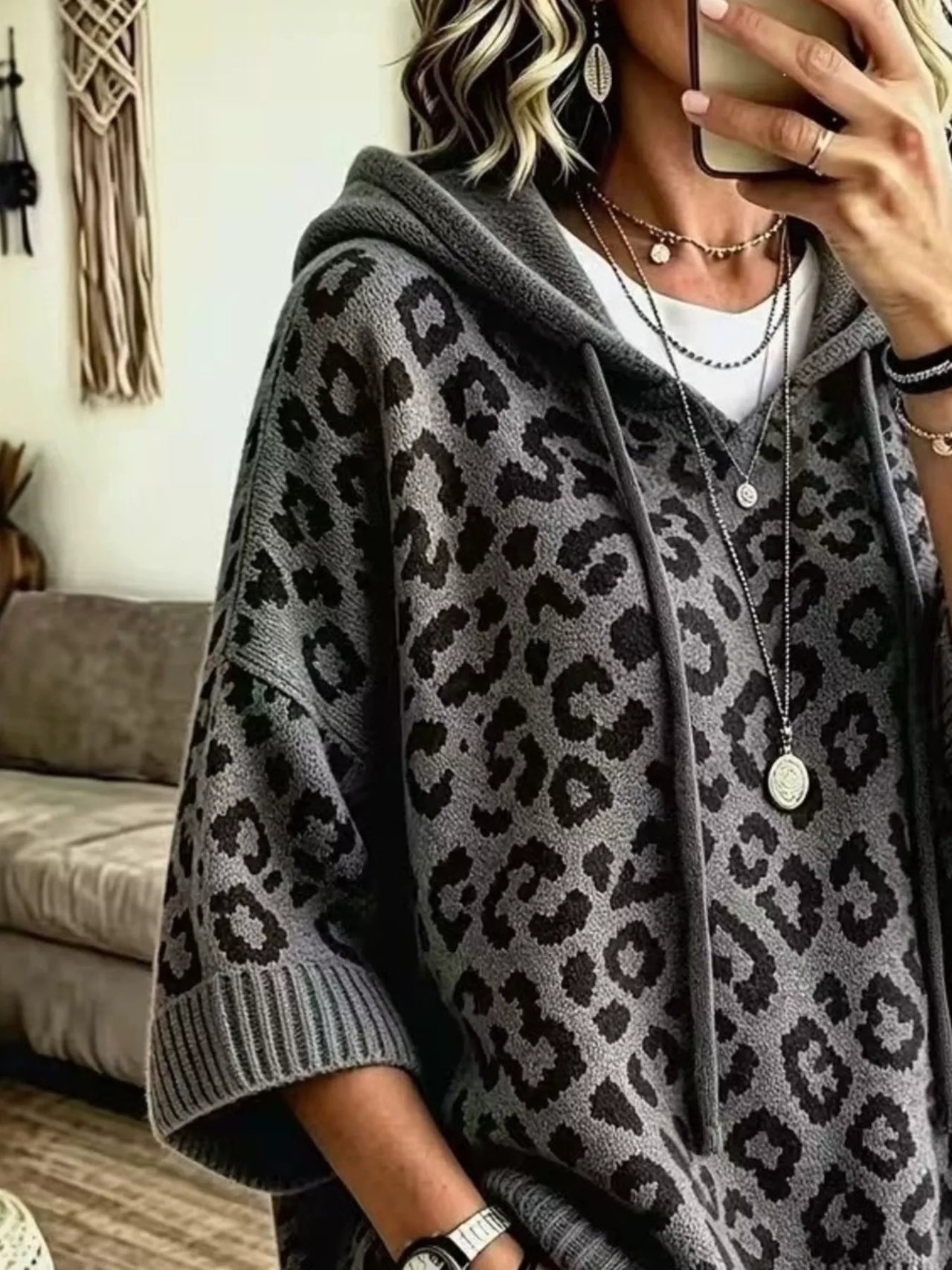 DrapeOra women's leopard print hooded knit sweater – knit texture close-up (2)