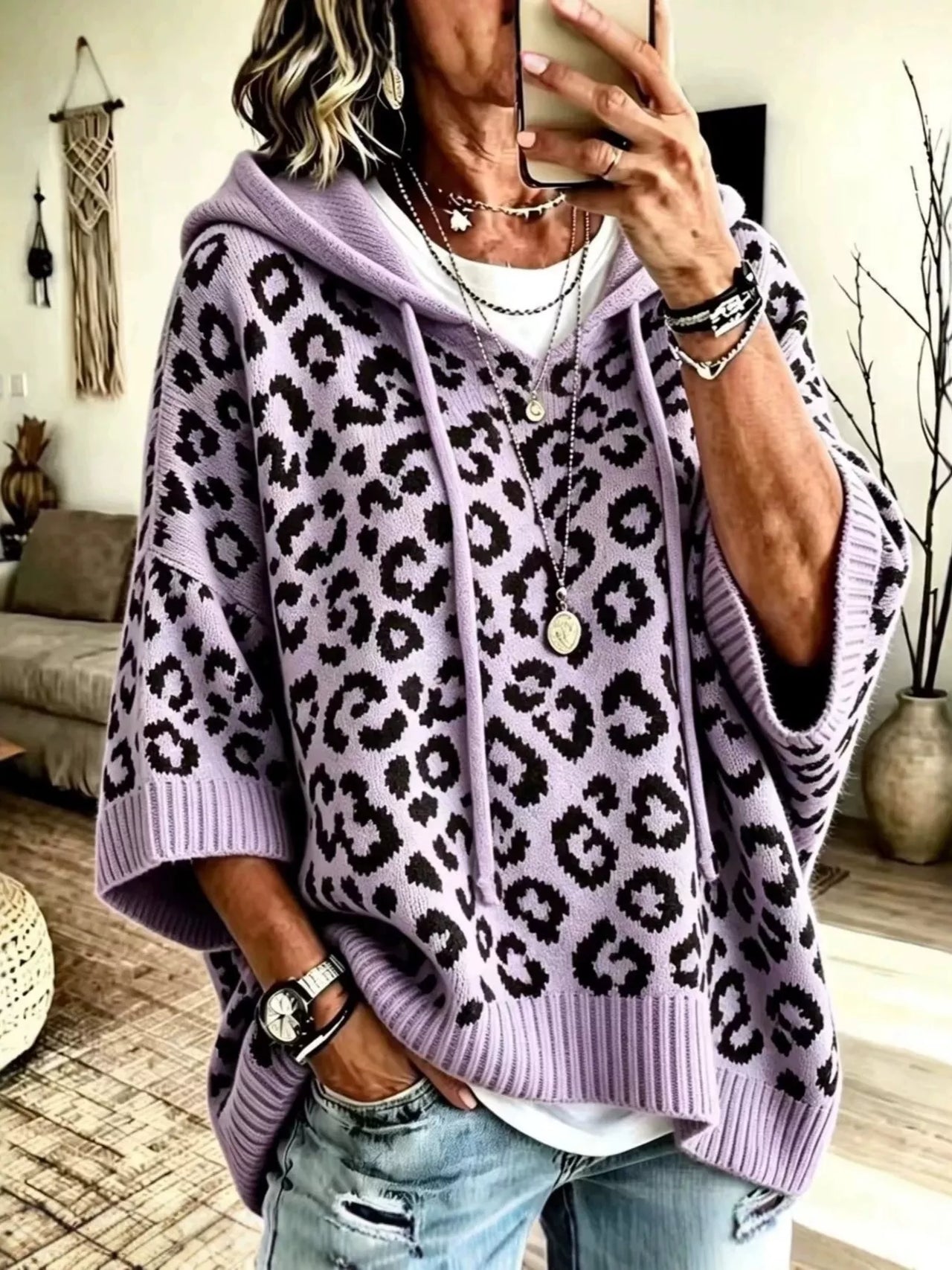 DrapeOra women's leopard print hooded knit sweater – front view (3)