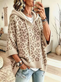 Thumbnail for DrapeOra women's leopard print hooded knit sweater – front view