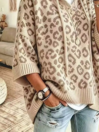Thumbnail for DrapeOra women's leopard print hooded knit sweater – leopard print knit detail