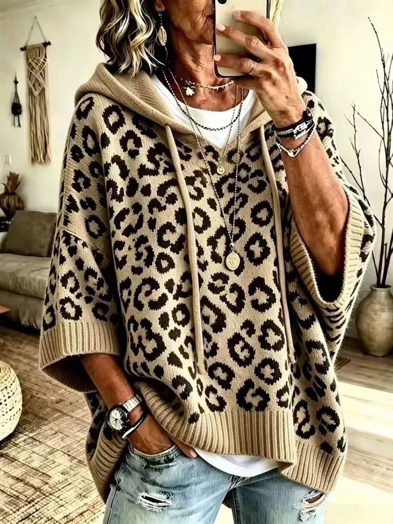 DrapeOra women's leopard print hooded knit sweater – drawstring hood detail