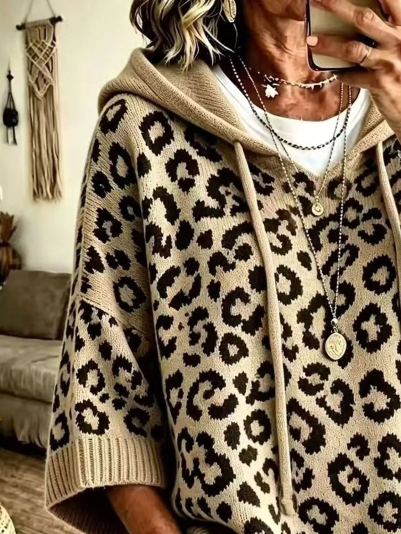 DrapeOra women's leopard print hooded knit sweater – cozy relaxed fit