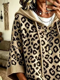 Thumbnail for DrapeOra women's leopard print hooded knit sweater – cozy relaxed fit