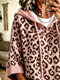 Thumbnail for DrapeOra women's leopard print hooded knit sweater – front view (2)