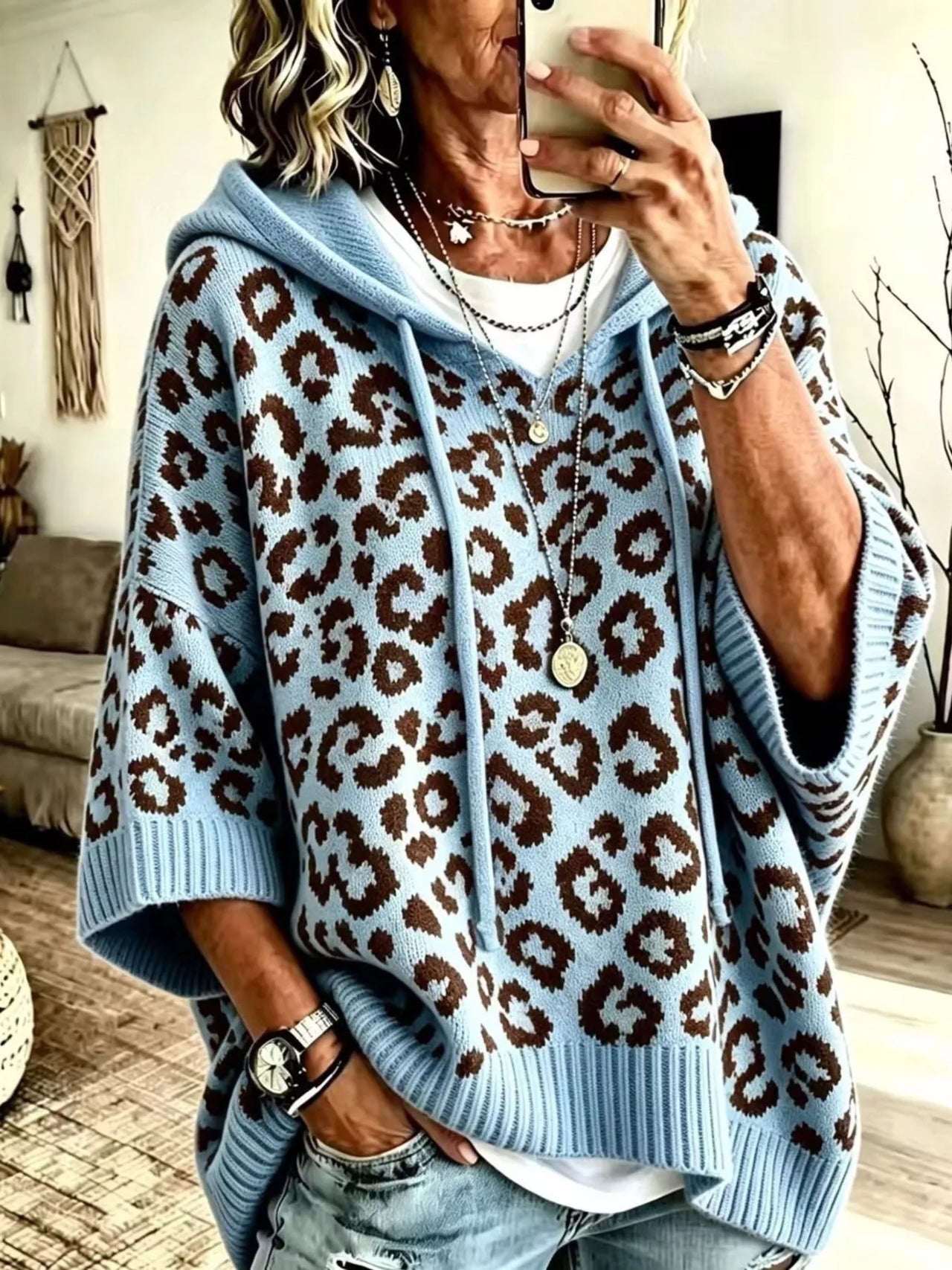 DrapeOra women's leopard print hooded knit sweater – leopard print knit detail (2)