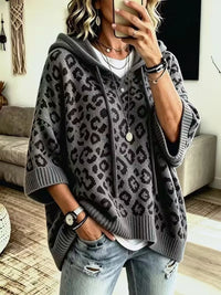 Thumbnail for DrapeOra women's leopard print hooded knit sweater – cozy relaxed fit (2)
