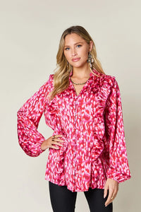 Thumbnail for DrapeOra women's plus size printed ruffle trim balloon sleeve blouse – balloon sleeve detail (3)
