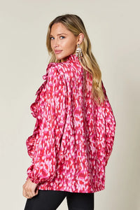 Thumbnail for DrapeOra women's plus size printed ruffle trim balloon sleeve blouse – printed fabric close-up (3)