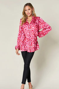 Thumbnail for DrapeOra women's plus size printed ruffle trim balloon sleeve blouse – plus size fit (3)