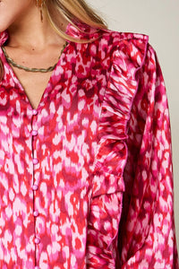 Thumbnail for DrapeOra women's plus size printed ruffle trim balloon sleeve blouse – front view (4)