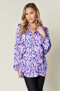 Thumbnail for DrapeOra women's plus size printed ruffle trim balloon sleeve blouse – ruffle trim detail (4)
