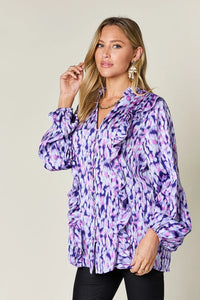 Thumbnail for DrapeOra women's plus size printed ruffle trim balloon sleeve blouse – balloon sleeve detail (4)