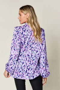 Thumbnail for DrapeOra women's plus size printed ruffle trim balloon sleeve blouse – button front detail (4)