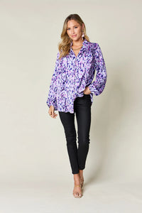 Thumbnail for DrapeOra women's plus size printed ruffle trim balloon sleeve blouse – printed fabric close-up (4)