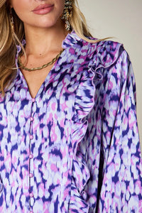 Thumbnail for DrapeOra women's plus size printed ruffle trim balloon sleeve blouse – plus size fit (4)