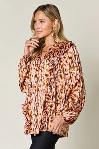 Thumbnail for DrapeOra women's plus size printed ruffle trim balloon sleeve blouse – balloon sleeve detail