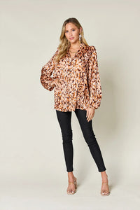 Thumbnail for DrapeOra women's plus size printed ruffle trim balloon sleeve blouse – printed fabric close-up