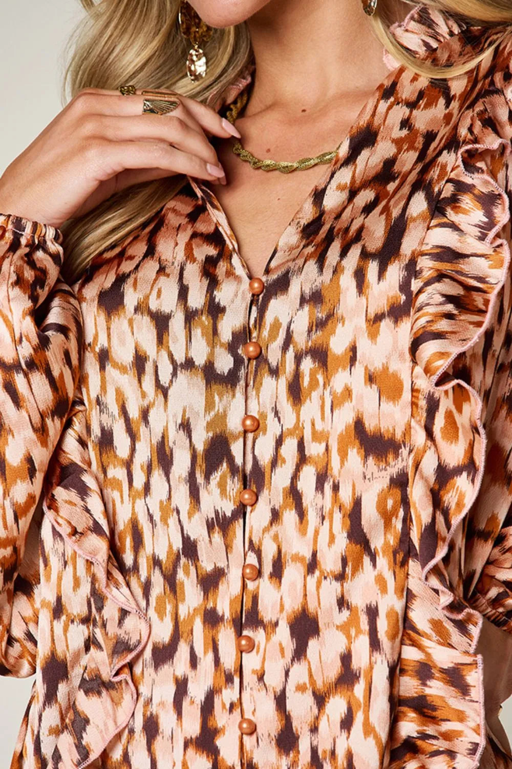 DrapeOra women's plus size printed ruffle trim balloon sleeve blouse – plus size fit