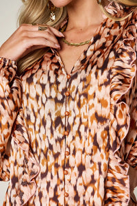 Thumbnail for DrapeOra women's plus size printed ruffle trim balloon sleeve blouse – plus size fit