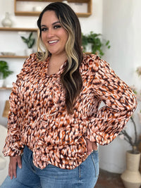 Thumbnail for DrapeOra women's plus size printed ruffle trim balloon sleeve blouse – front view (2)