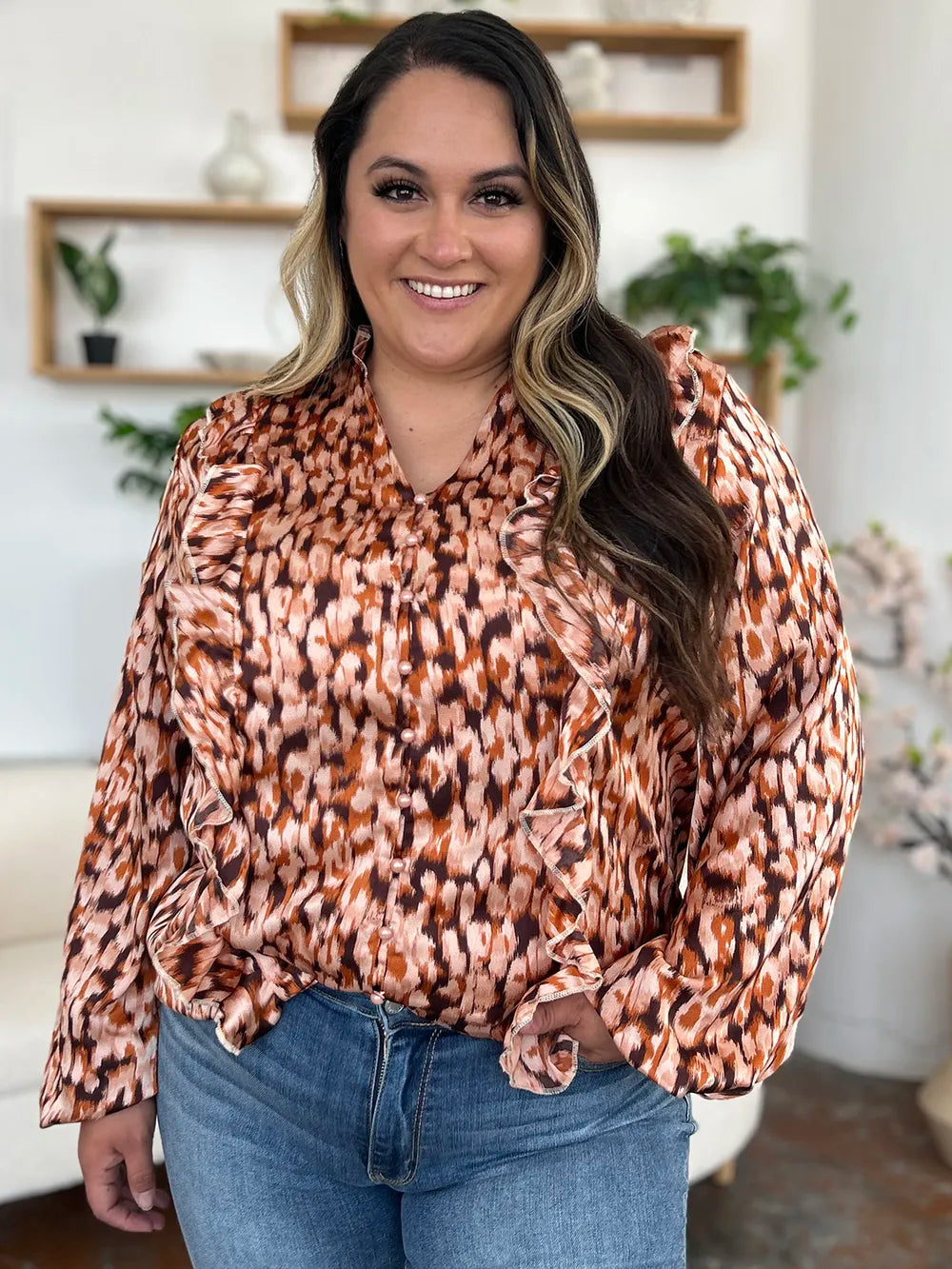 DrapeOra women's plus size printed ruffle trim balloon sleeve blouse – ruffle trim detail (2)