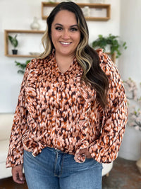Thumbnail for DrapeOra women's plus size printed ruffle trim balloon sleeve blouse – ruffle trim detail (2)
